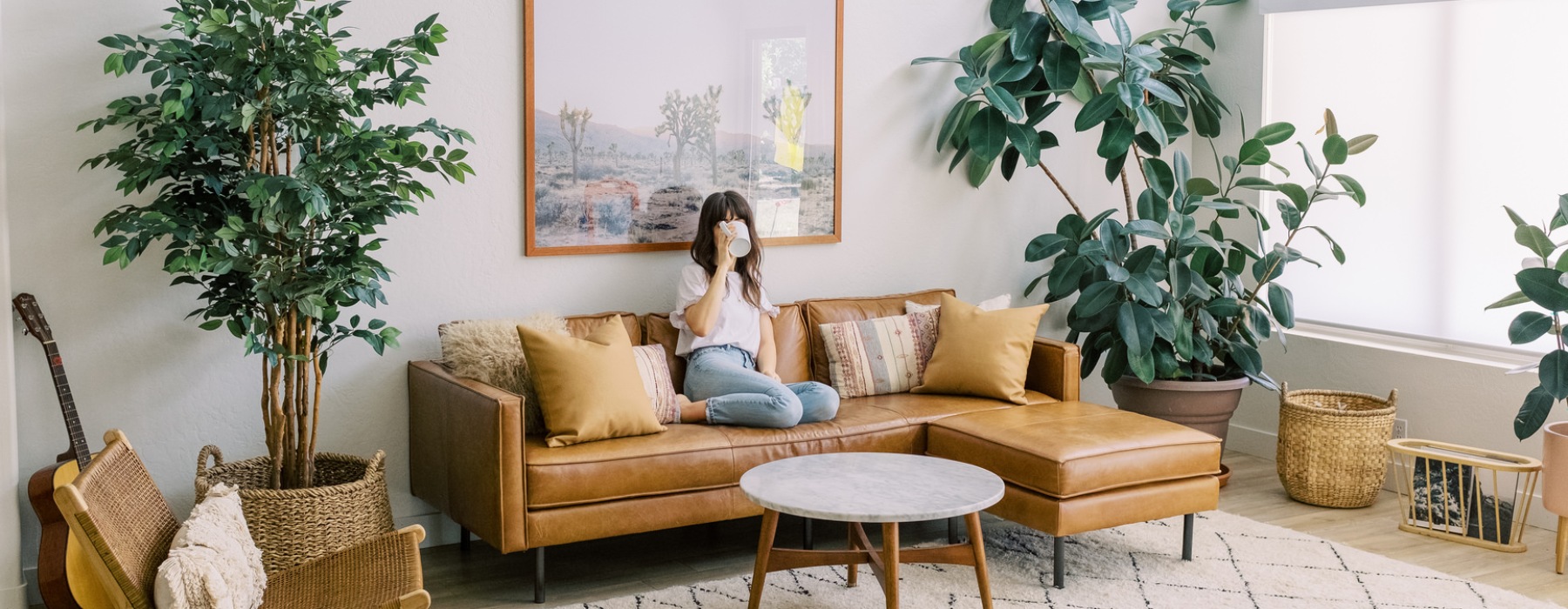 a woman sitting on a couch