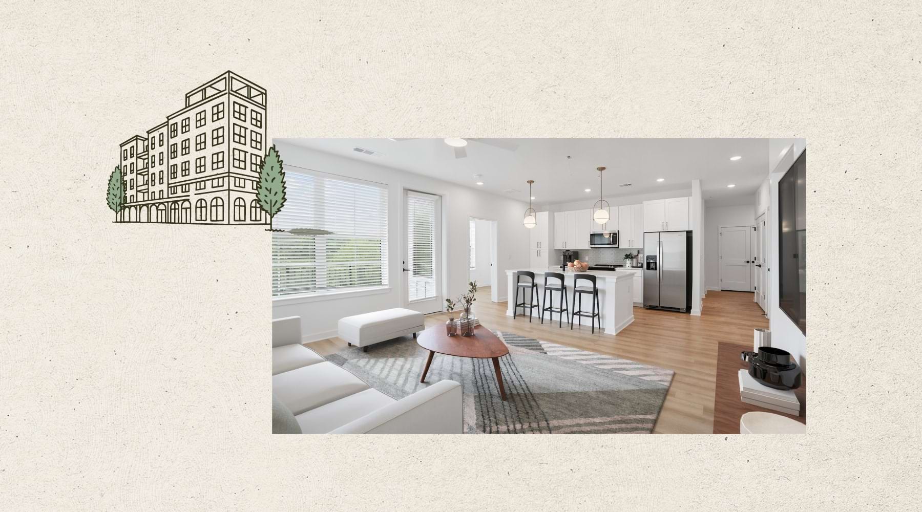 a living room with a view of a kitchen