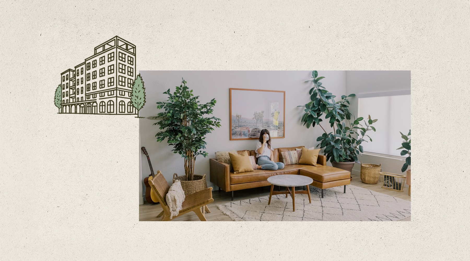 a woman on a brown couch